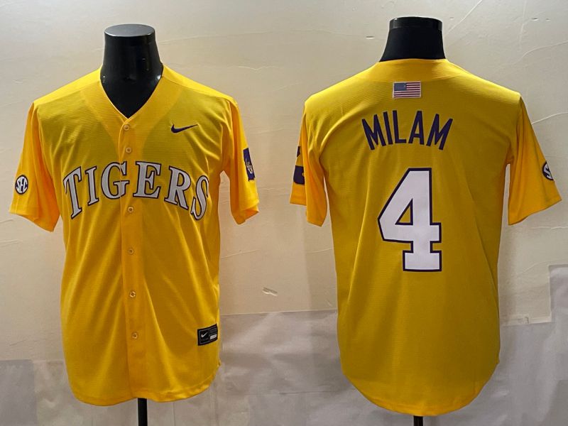 Men 2025 LSU Tigers #4 Milam Yellow Nike Joint Name Nike NCAA Jersey style 1